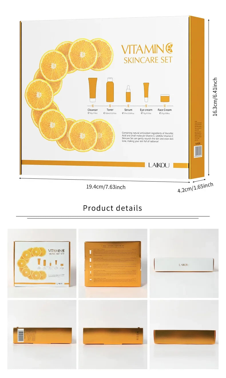 Vitamin C Skin Care Set - 5-Piece Travel Size Kit for Gentle Skin Cleaning - Cleanser, Toner, Serum, Eye Cream and Face Cream