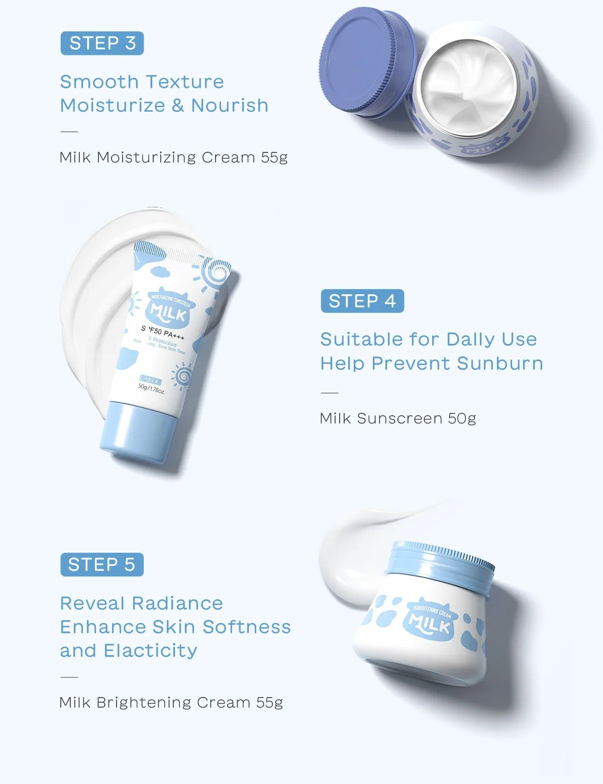 5PCS Milk Skincare Set with Cleanser SPF50 Sunscreen Cream Eye Cream Brightening & Moisturizing Cream Anti-Wrinkle Nourishing