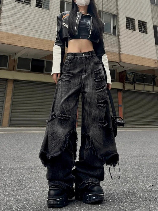 Women's Hiphop Splicing Edge Design Unisex Jeans Cool Girl Streetwear High Waist Cowboy Trouser Casual Wide-leg Denim Pants