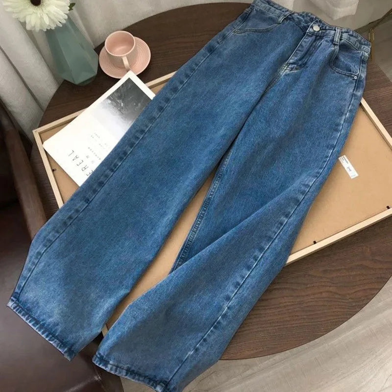 High Waist Women Jeans 2023 Spring Autumn Solid Loose Straight Denim Pants Female Retro Wide Leg Casual Trousers