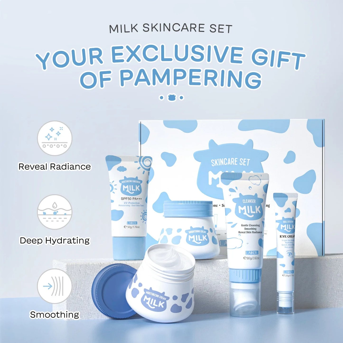 5PCS Milk Skincare Set with Cleanser SPF50 Sunscreen Cream Eye Cream Brightening & Moisturizing Cream Anti-Wrinkle Nourishing