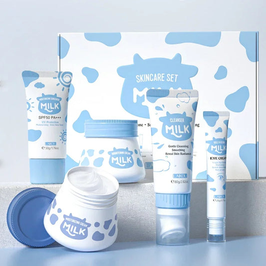 5PCS Milk Skincare Set with Cleanser SPF50 Sunscreen Cream Eye Cream Brightening & Moisturizing Cream Anti-Wrinkle Nourishing
