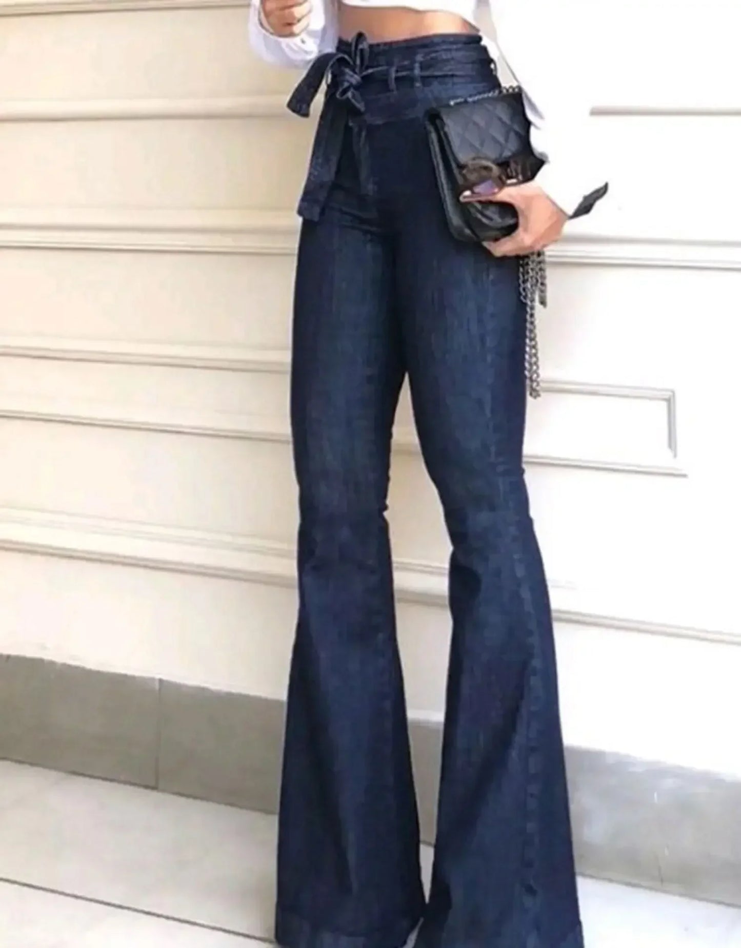 Women Jeans Denim Flare Pants Solid Color High Waist Zipper Fly Flat Pockets Streetwear Slim Patchwork Button Slight Strech Belt