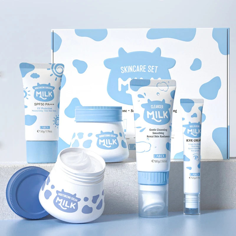 5PCS Milk Skincare Set with Cleanser SPF50 Sunscreen Cream Eye Cream Brightening & Moisturizing Cream Anti-Wrinkle Nourishing