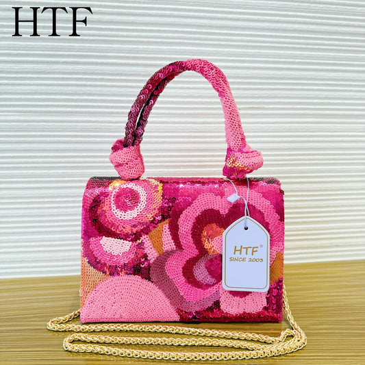 New Design Flower Beaded Handbag Women's Shiny Evening Bags For Wedding Lady Party Beading Totes Crossbody Bag