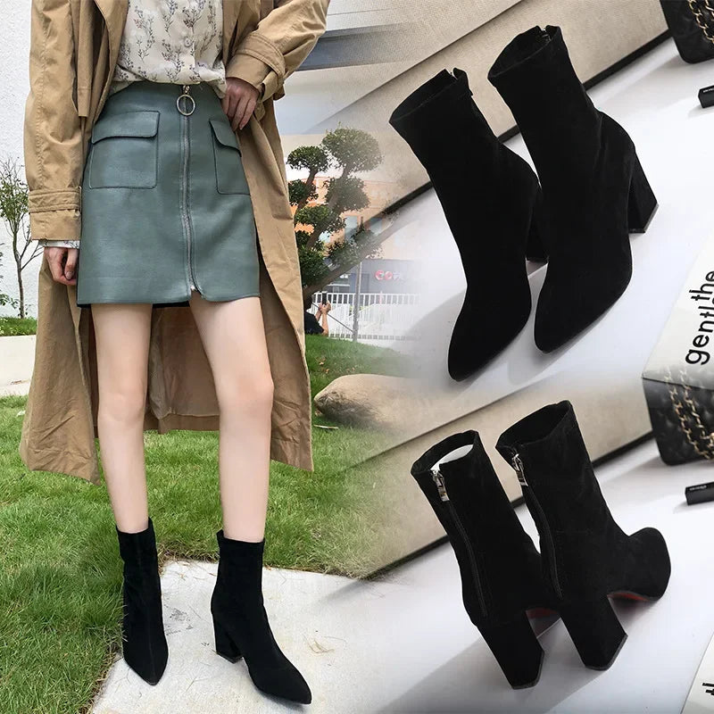 Black Suede Women Shoes Thick Heel Ankle Boots for Women Nice Elegant High Heel Pointed Toe Keep Fashion Boots Botas Para Mujer