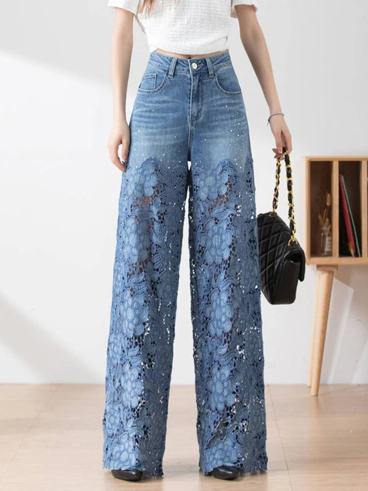 TWOTWINSTYLE Hollow Out Spliced Diamonds Loose Denim Pant For Women High Waist Patchwork Lace Casual Jeans Female Fashion Style