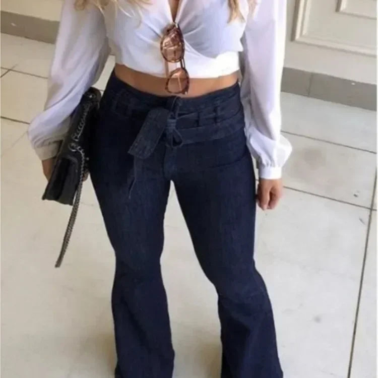 Women Jeans Denim Flare Pants Solid Color High Waist Zipper Fly Flat Pockets Streetwear Slim Patchwork Button Slight Strech Belt