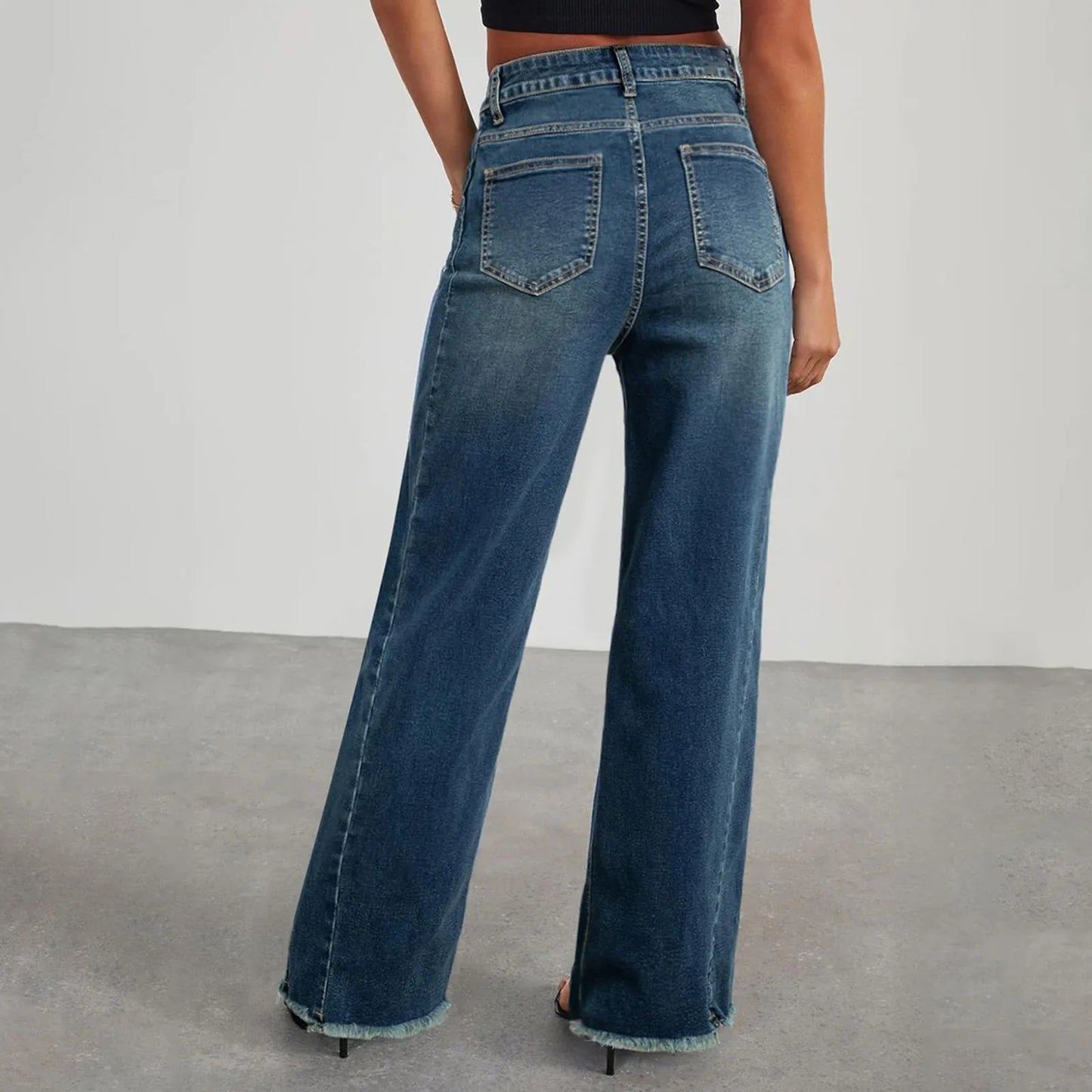 Wide-Leg Jeans Women Light Blue Raw-Edge High-Waist Design Fashionable Trousers Loose-Fitting Slim-Fitting Pants Daily Commuting