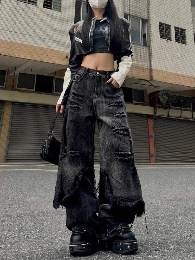 Women's Hiphop Splicing Edge Design Unisex Jeans Cool Girl Streetwear High Waist Cowboy Trouser Casual Wide-leg Denim Pants