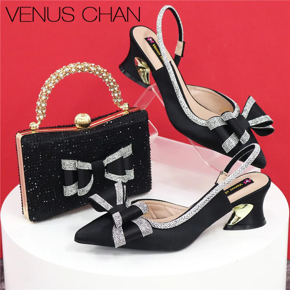 Med Heel Shoes for Women Hollowed Out Embroidery Rhinestone Italian Design Olive-green Color Pointed-Toe Shoes and Bags Set