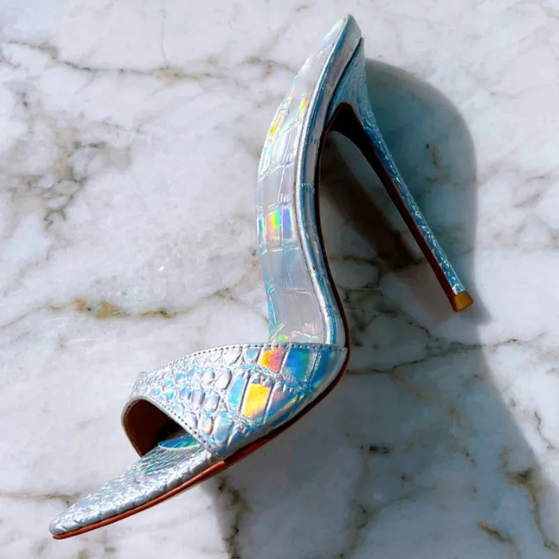 Very High Heel Shoes For Women Slippers Summer Peep Toe Stiletto Sandals Laser Dazzling Color Sandals Star Style Women Shoes New