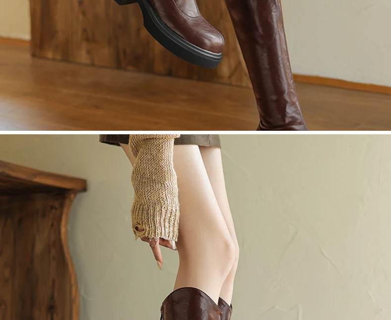 Ods Footwear Elegant Heeled Shoes for Women Brown Ladies Boots Platform Winter Knee High Shaft Heels Long Boot Lady 40 41 42 43