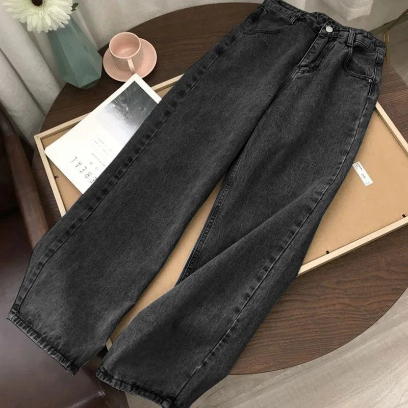 High Waist Women Jeans 2023 Spring Autumn Solid Loose Straight Denim Pants Female Retro Wide Leg Casual Trousers