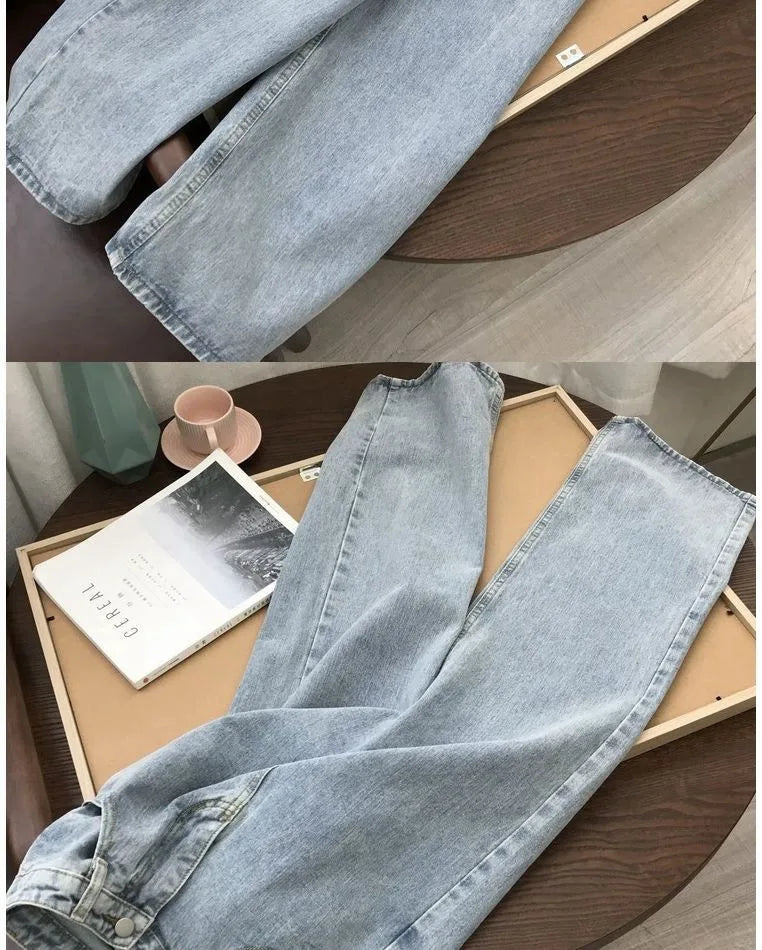 High Waist Women Jeans 2023 Spring Autumn Solid Loose Straight Denim Pants Female Retro Wide Leg Casual Trousers
