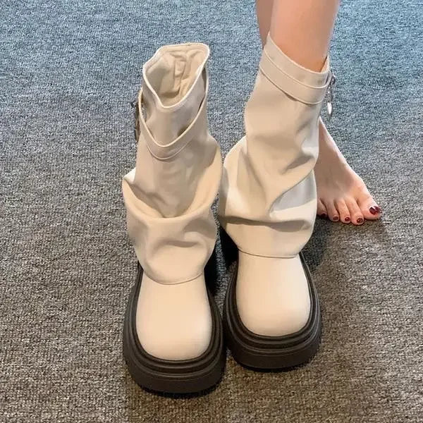 Heel Boots Shoes Round Toe Luxury Designer Boots-Women Elegant Lolita Autumn Rock Ladies Fashion Ankle 2024 Solid Slip