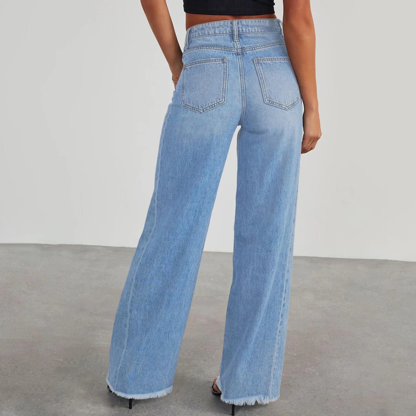 Wide-Leg Jeans Women Light Blue Raw-Edge High-Waist Design Fashionable Trousers Loose-Fitting Slim-Fitting Pants Daily Commuting