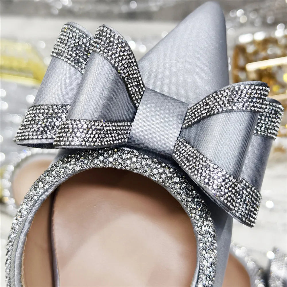 Med Heel Shoes for Women Hollowed Out Embroidery Rhinestone Italian Design Olive-green Color Pointed-Toe Shoes and Bags Set