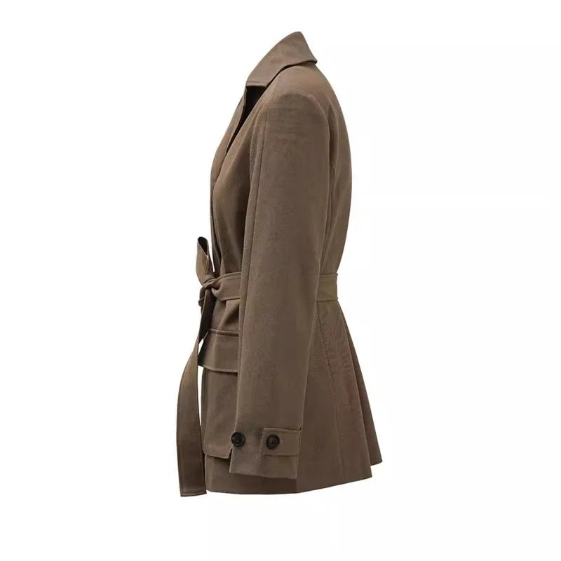 KWTX 2025 Spring Summer Brown Blazer Women's Vintage Slim Single Breasted Belted Jacket Pocket Elegant Office Casual Outfit