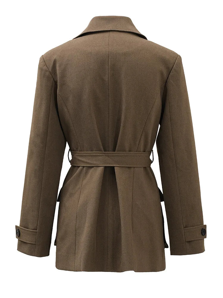 KWTX 2025 Spring Summer Brown Blazer Women's Vintage Slim Single Breasted Belted Jacket Pocket Elegant Office Casual Outfit