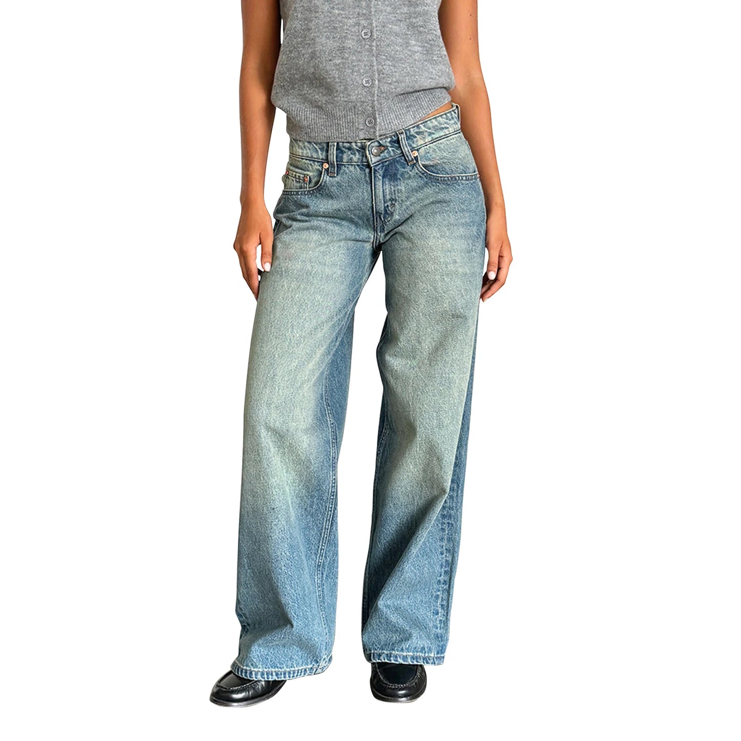 Women's versatile jeans, aesthetic solid color low rise zipper button trousers with pockets for everyday street wear