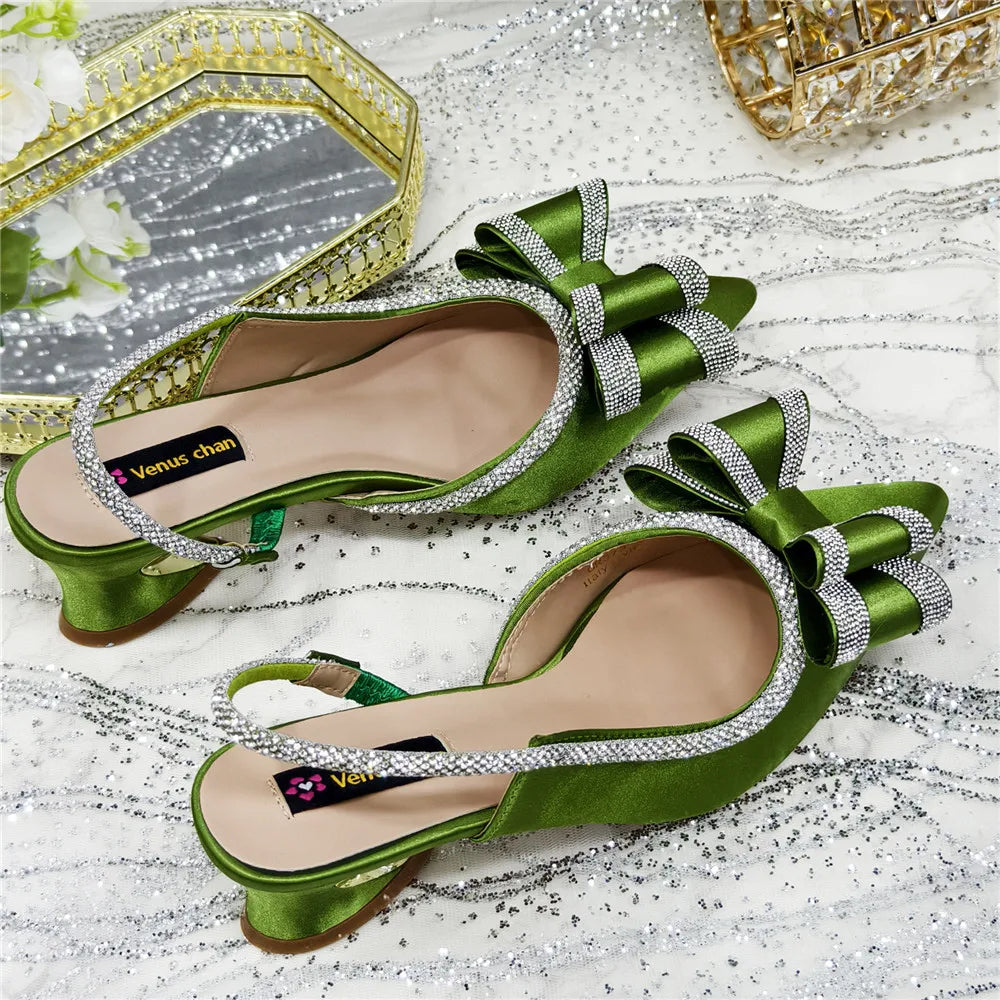 Med Heel Shoes for Women Hollowed Out Embroidery Rhinestone Italian Design Olive-green Color Pointed-Toe Shoes and Bags Set