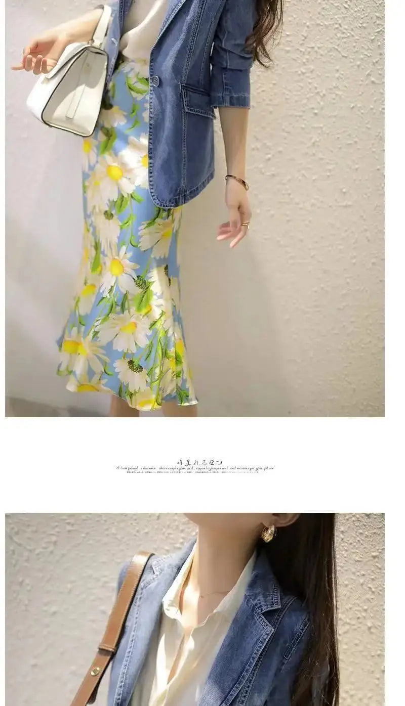 Women's Denim Suit Jacket, Korean Bomber Jackets, Casual Blazer, Female Outerwear, Cowboy Trench Coat, Fashion, Spring, Autumn,