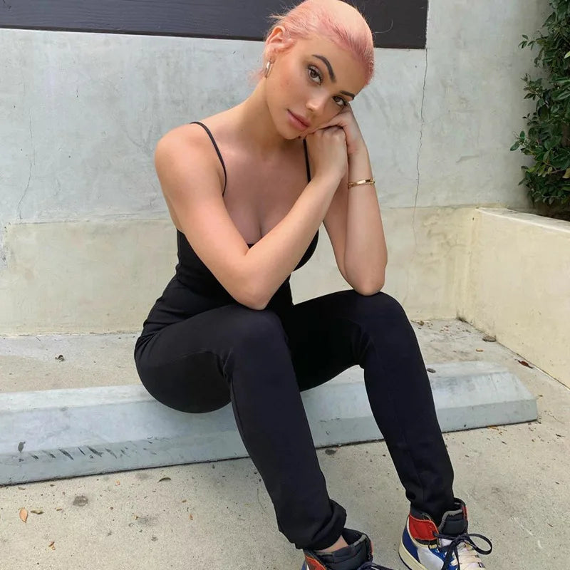 Black Sexy Jumpsuits Women Summer Sleeveless Rompers Spaghetti Strap Backless Casual Bodycon Skinny Sports Fashion Streetwear