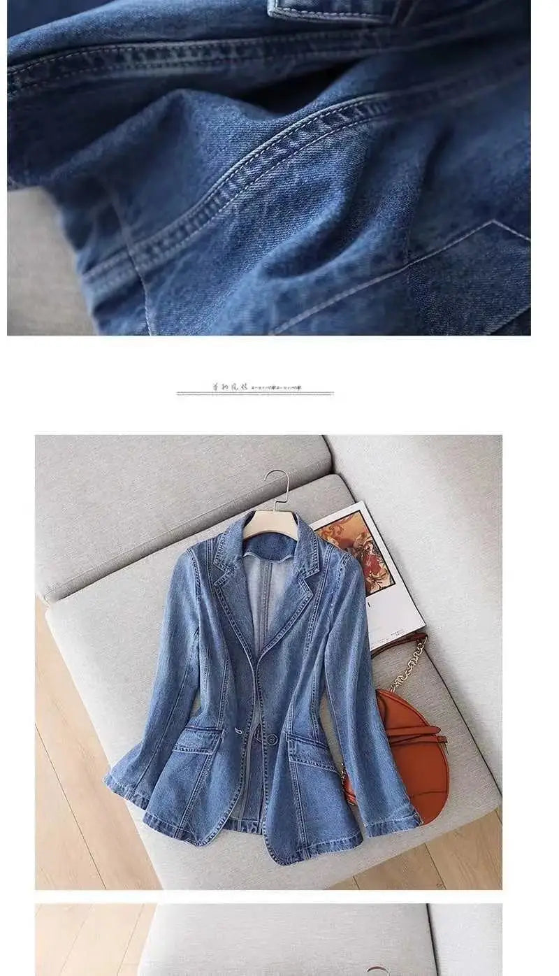 Women's Denim Suit Jacket, Korean Bomber Jackets, Casual Blazer, Female Outerwear, Cowboy Trench Coat, Fashion, Spring, Autumn,