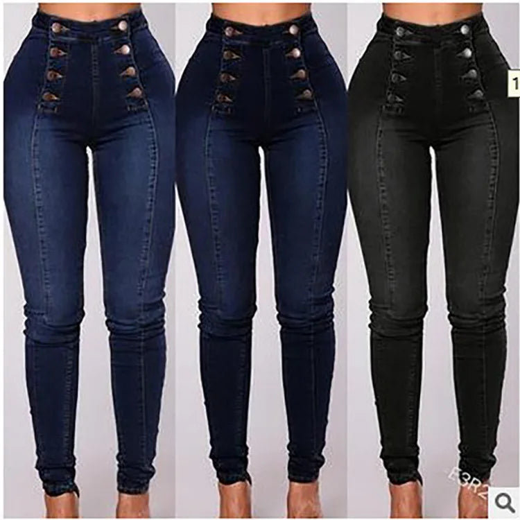Denim Pencil Pants Women Vintage Jeans High Waist Washed Double Breasted Pockets Basics Ankle Length Trousers 2025 Streetwear