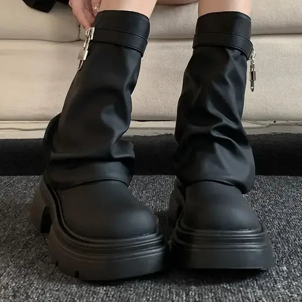 Heel Boots Shoes Round Toe Luxury Designer Boots-Women Elegant Lolita Autumn Rock Ladies Fashion Ankle 2024 Solid Slip