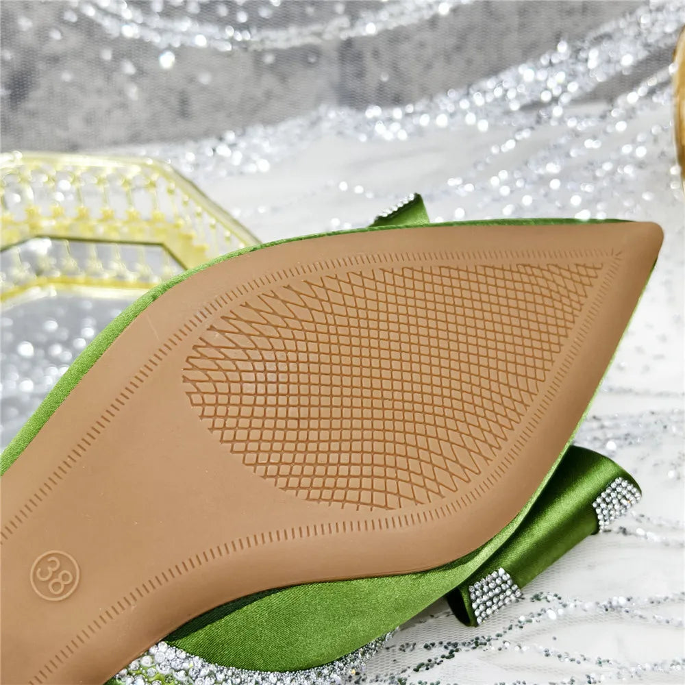 Med Heel Shoes for Women Hollowed Out Embroidery Rhinestone Italian Design Olive-green Color Pointed-Toe Shoes and Bags Set