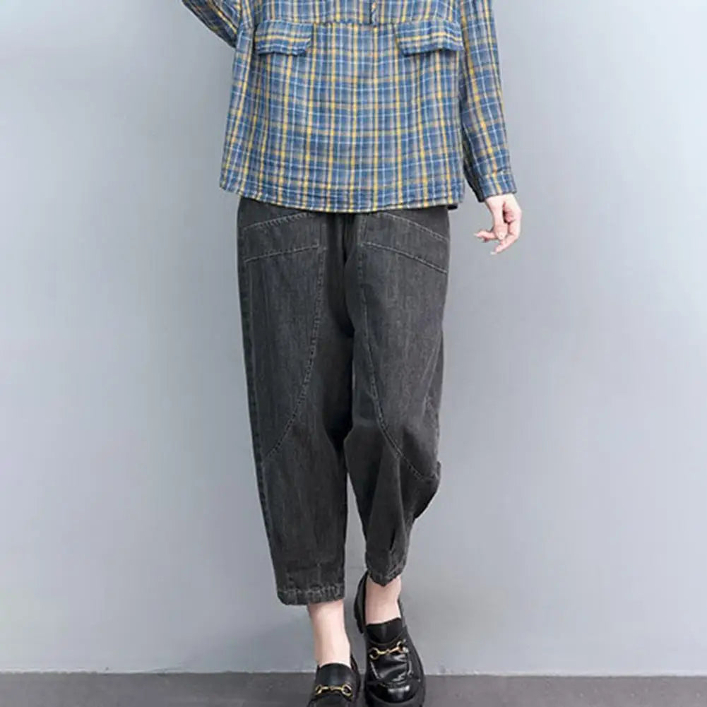 Women Summer Casual Jeans Mid-Rise Pockets Wide Leg Embroidery Letter Print Cropped Pants Woman Mid-calf Sports Harem Jeans