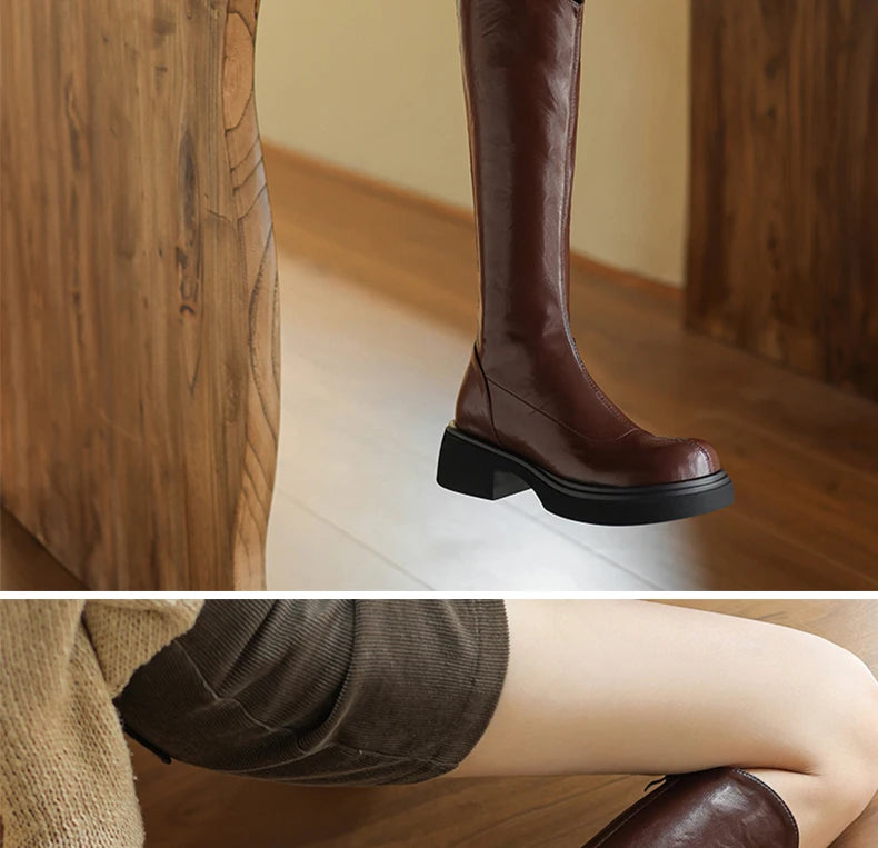 Ods Footwear Elegant Heeled Shoes for Women Brown Ladies Boots Platform Winter Knee High Shaft Heels Long Boot Lady 40 41 42 43