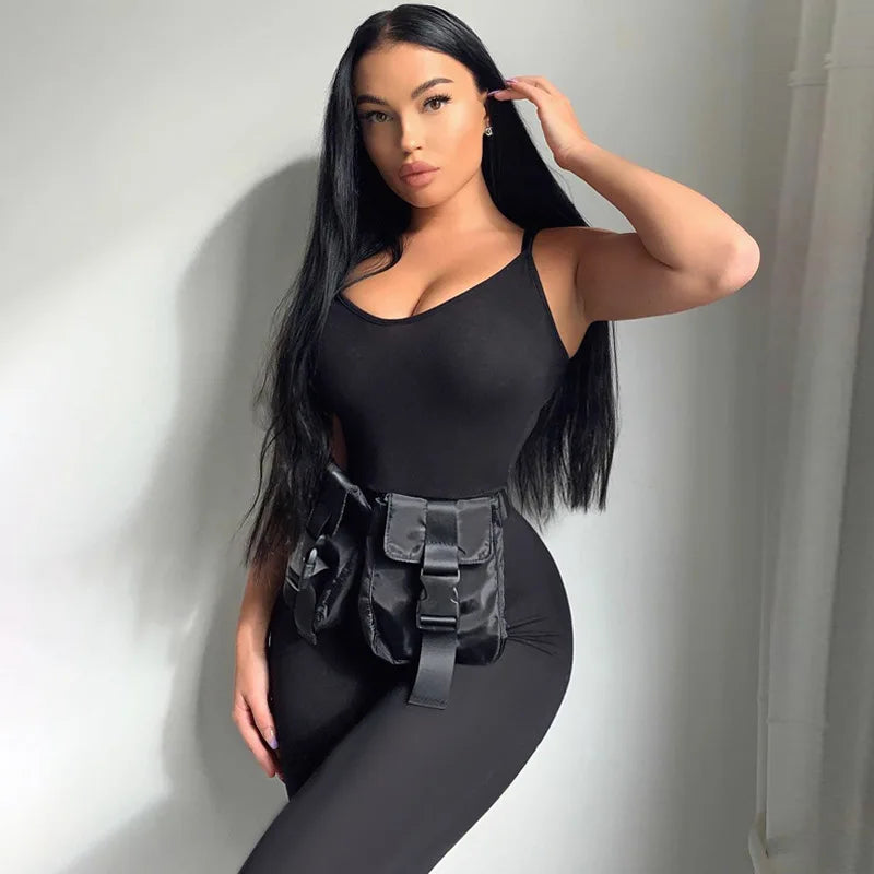Black Sexy Jumpsuits Women Summer Sleeveless Rompers Spaghetti Strap Backless Casual Bodycon Skinny Sports Fashion Streetwear