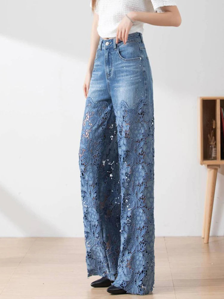 TWOTWINSTYLE Hollow Out Spliced Diamonds Loose Denim Pant For Women High Waist Patchwork Lace Casual Jeans Female Fashion Style