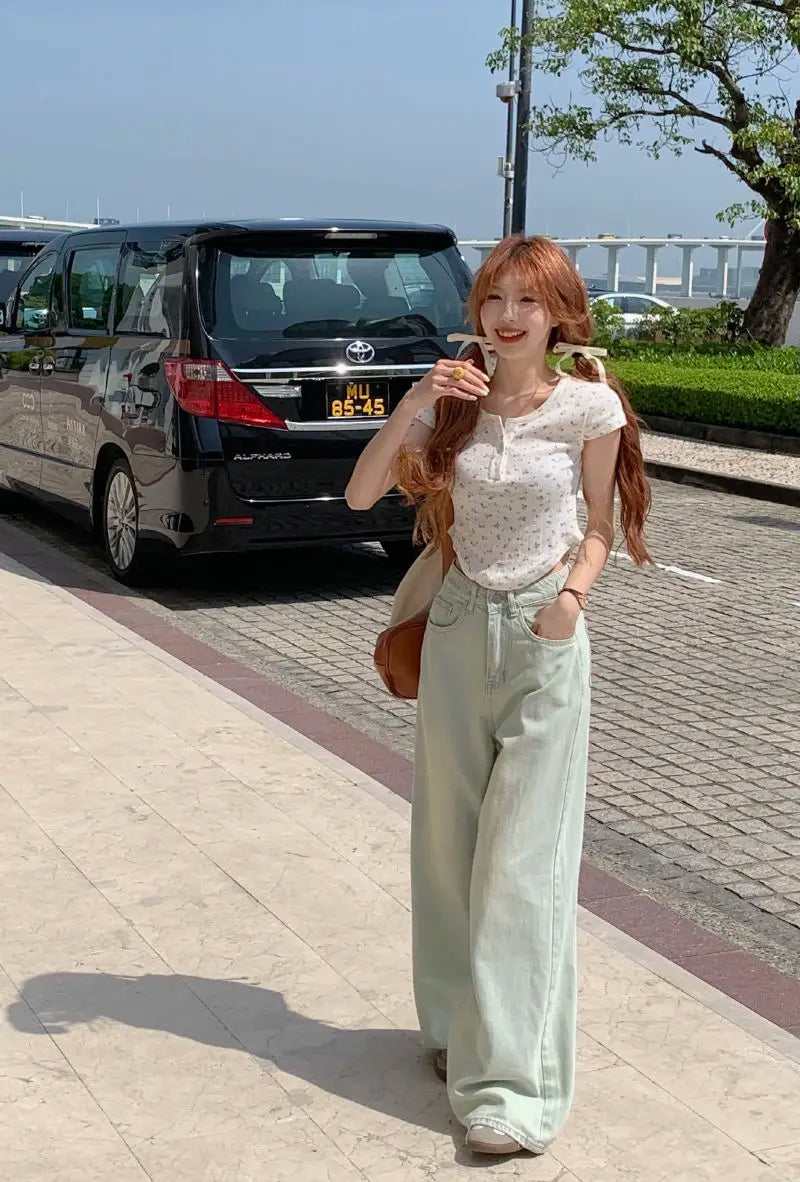 Long Jeans Women New Summer Vintage Bleached Design Loose Wide-leg Trousers Ulzzang Street Style Basic College Harajuku Popular