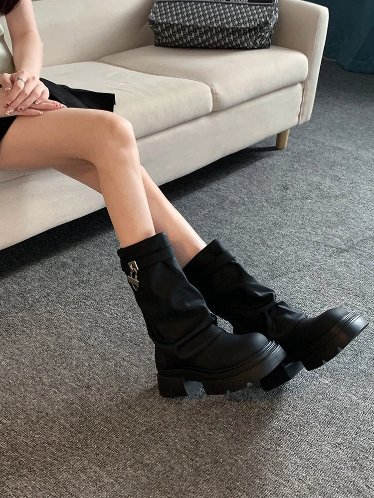 Heel Boots Shoes Round Toe Luxury Designer Boots-Women Elegant Lolita Autumn Rock Ladies Fashion Ankle 2024 Solid Slip