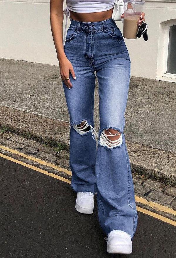 High-waisted Retro Stretch Women Pants Winter Edition New Style Ripped Bell Bottoms High Waist Straight Cylinder Wide Leg Jeans