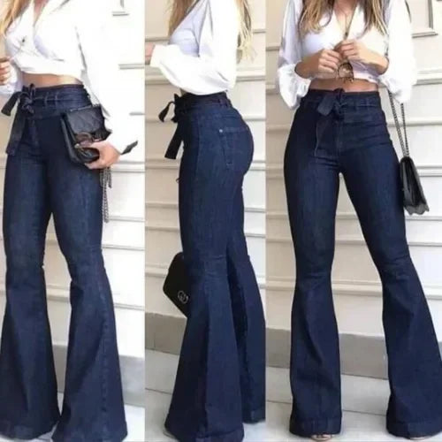 Women Jeans Denim Flare Pants Solid Color High Waist Zipper Fly Flat Pockets Streetwear Slim Patchwork Button Slight Strech Belt