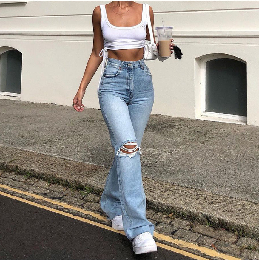 High-waisted Retro Stretch Women Pants Winter Edition New Style Ripped Bell Bottoms High Waist Straight Cylinder Wide Leg Jeans