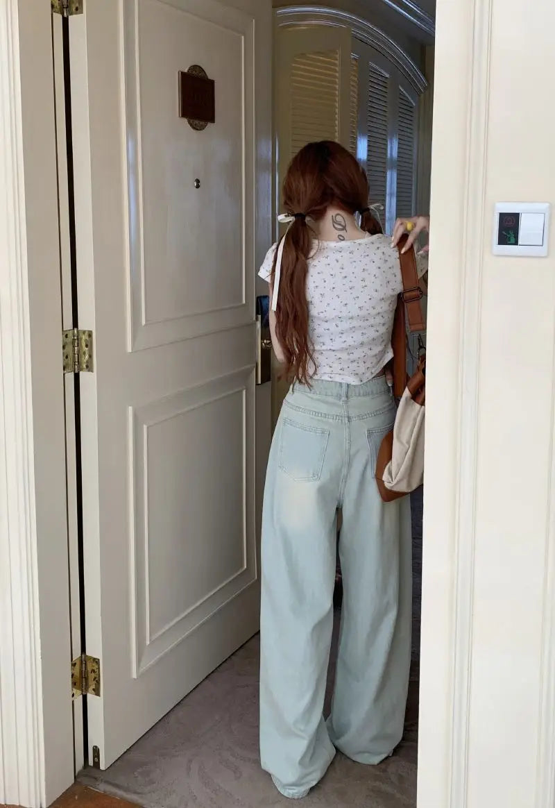 Long Jeans Women New Summer Vintage Bleached Design Loose Wide-leg Trousers Ulzzang Street Style Basic College Harajuku Popular