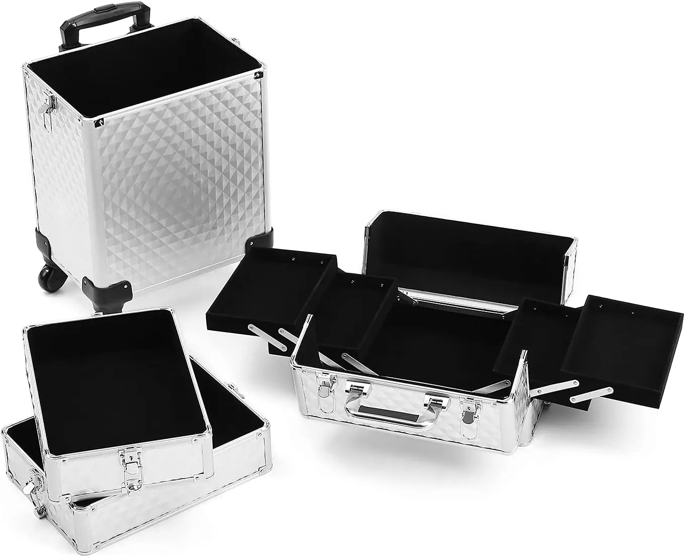 nncase 4 In 1 Portable Traveling Aluminum Professional Makeup Trolley Cart With Multiple-Sized Compartments And Wheels,