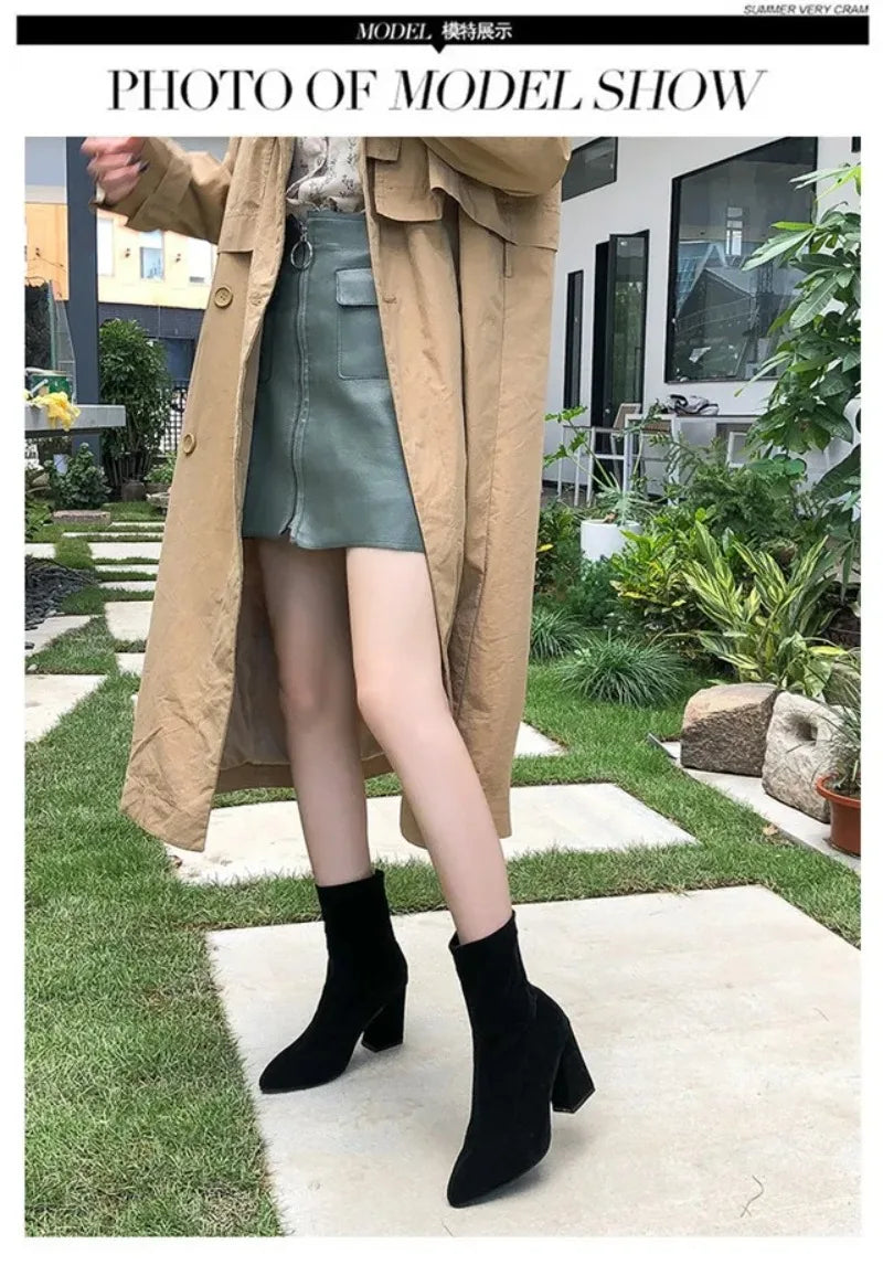 Black Suede Women Shoes Thick Heel Ankle Boots for Women Nice Elegant High Heel Pointed Toe Keep Fashion Boots Botas Para Mujer