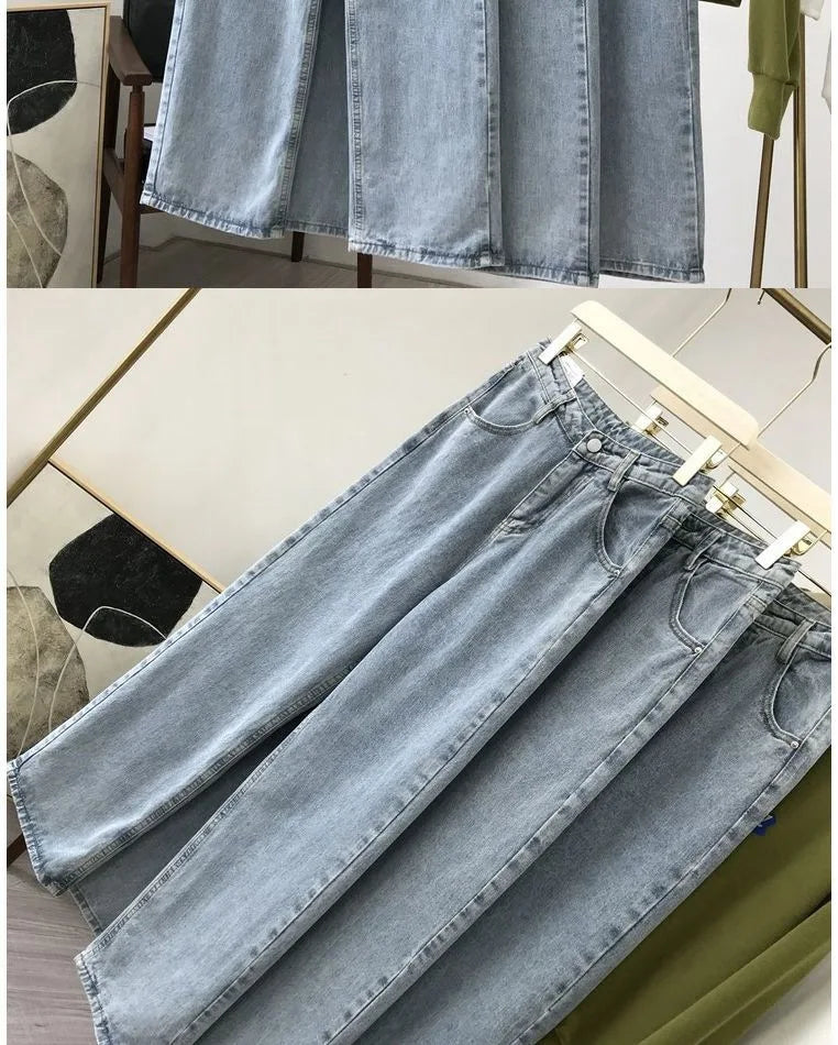 High Waist Women Jeans 2023 Spring Autumn Solid Loose Straight Denim Pants Female Retro Wide Leg Casual Trousers