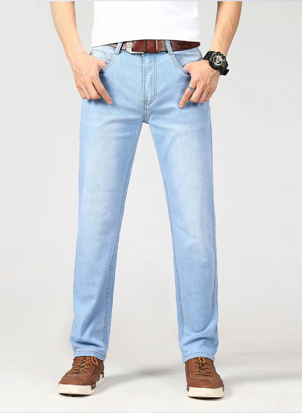 Wthinlee Spring Summer Business Jeans Men Light Blue Casual Straight Stretch Fashion Classic Work Denim Trousers Brand Clothing
