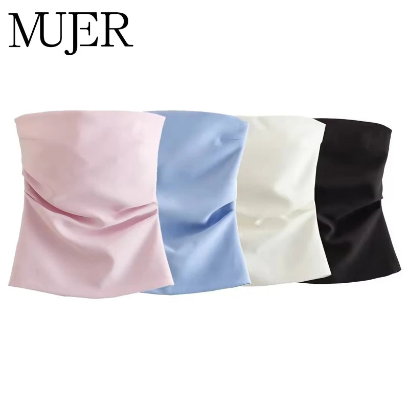 MUJER off Shoulder Crop Top Woman Ruched Backless Tube Top Women Summer Corset Top Female Sexy Tanks Camis Tops for Women 2025