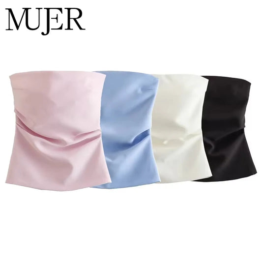 MUJER off Shoulder Crop Top Woman Ruched Backless Tube Top Women Summer Corset Top Female Sexy Tanks Camis Tops for Women 2025