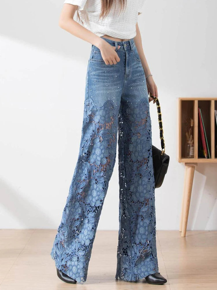 TWOTWINSTYLE Hollow Out Spliced Diamonds Loose Denim Pant For Women High Waist Patchwork Lace Casual Jeans Female Fashion Style