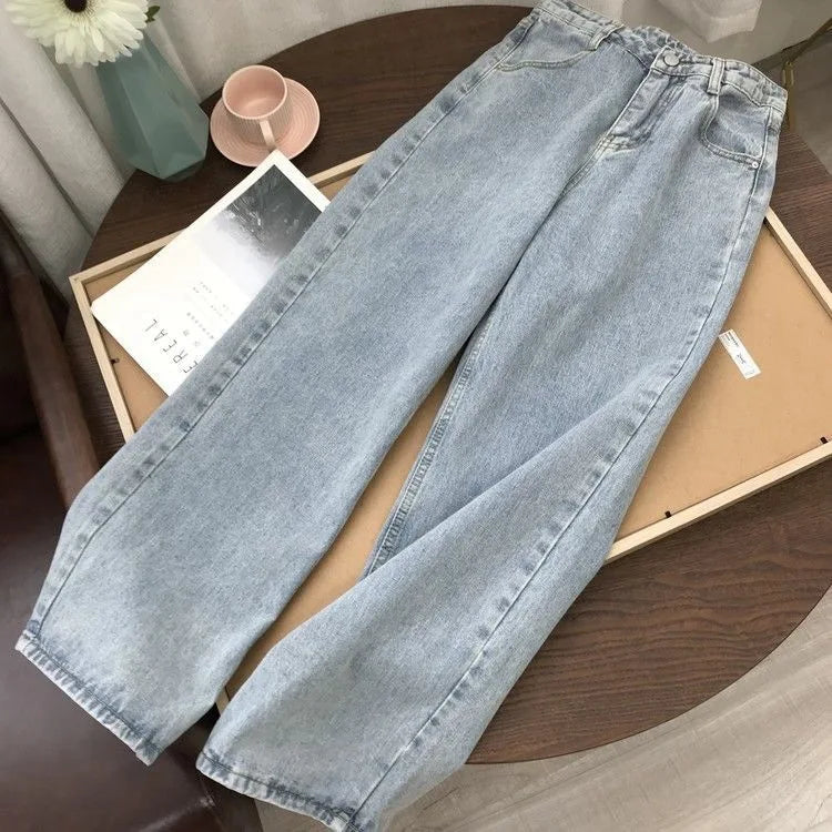 High Waist Women Jeans 2023 Spring Autumn Solid Loose Straight Denim Pants Female Retro Wide Leg Casual Trousers
